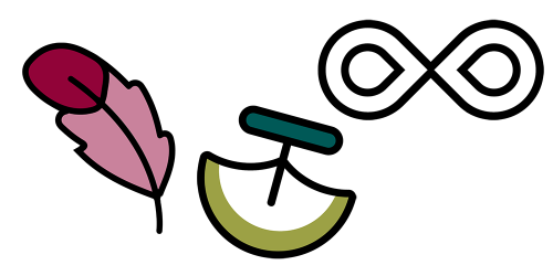 Illustration d’une plume, d’un ulu et du symbole de l’infini