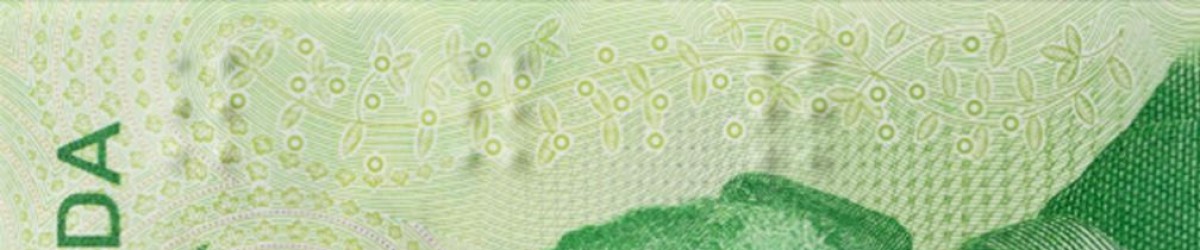 Élément tactile du billet de 20 $ vertical A photograph of the Vertical $20 bank note. It shows the tactile feature on the $20 note, consisting of three six-dot symbols each separated by a smooth surface.