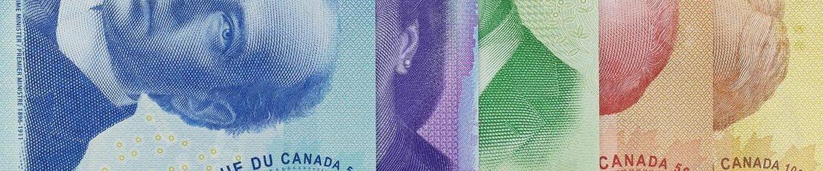Les couleurs distinctes employées pour chaque coupure Image montrant les coins de cinq billets de banque canadiens différents, classés par ordre de valeur et les couleurs distinctes de chaque coupure.
