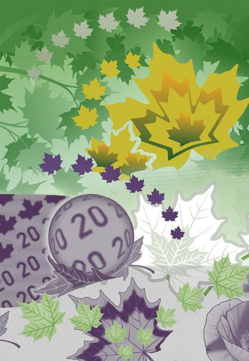 Collage des différentes feuilles d’érable servant d’éléments de sécurité sur le billet de 20 $ vertical.