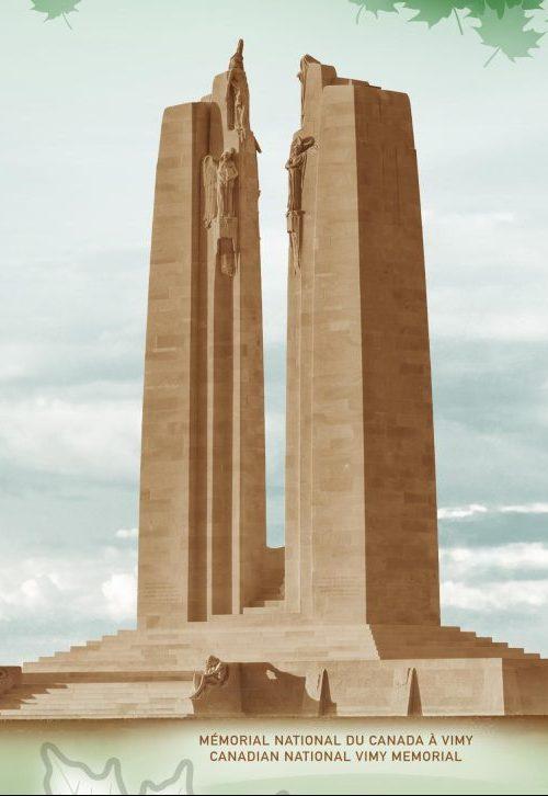 Image en gros plan du Mémorial national du Canada à Vimy tel qu’il figure sur le billet de 20 $ vertical. Sous l’image du Mémorial se trouve une légende en petits caractères présentant le monument en français et en anglais.